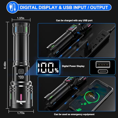 Shadowhawk Flashlights High Lumens Rechargeable - 2000 Lumen 30W Super Bright LED Flash Light with LCD Display, 3937ft Beam & 12H Runtime, Handheld Waterproof Flashlight for Home, Camping, Emergency