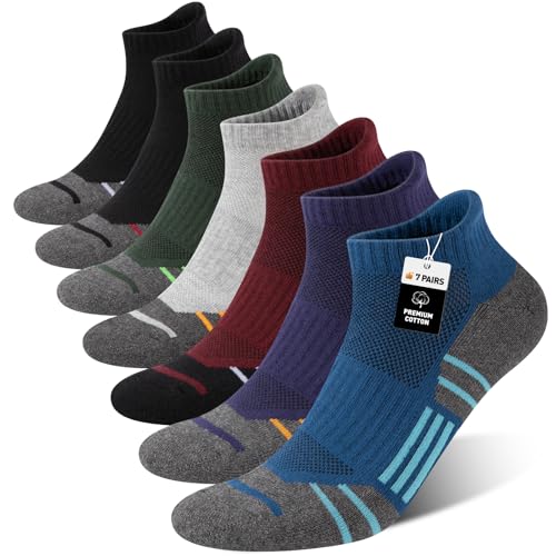 Men's Athletic Ankle Socks - 7 Pairs Multicolor, Cushioned & Moisture Wicking