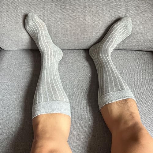 PUJANE Men's Dress Crew Socks 5 Pairs - Beige, Coffee, Grey, Navy, Light Grey, 9-12