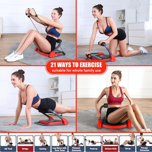 Ab Machine for Home Gym - Sit Up & Core Trainer with Resistance Bands - Red