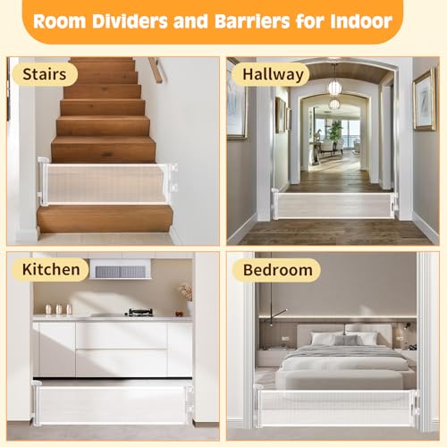 Short Dog Gate,14" Tall Retractable Baby Gate to Step Over, Puppy Mesh Pet Gates Doggy for Doorways Stairs, Extends up to 59" Wide for Kitchen Hallways Indoor, White