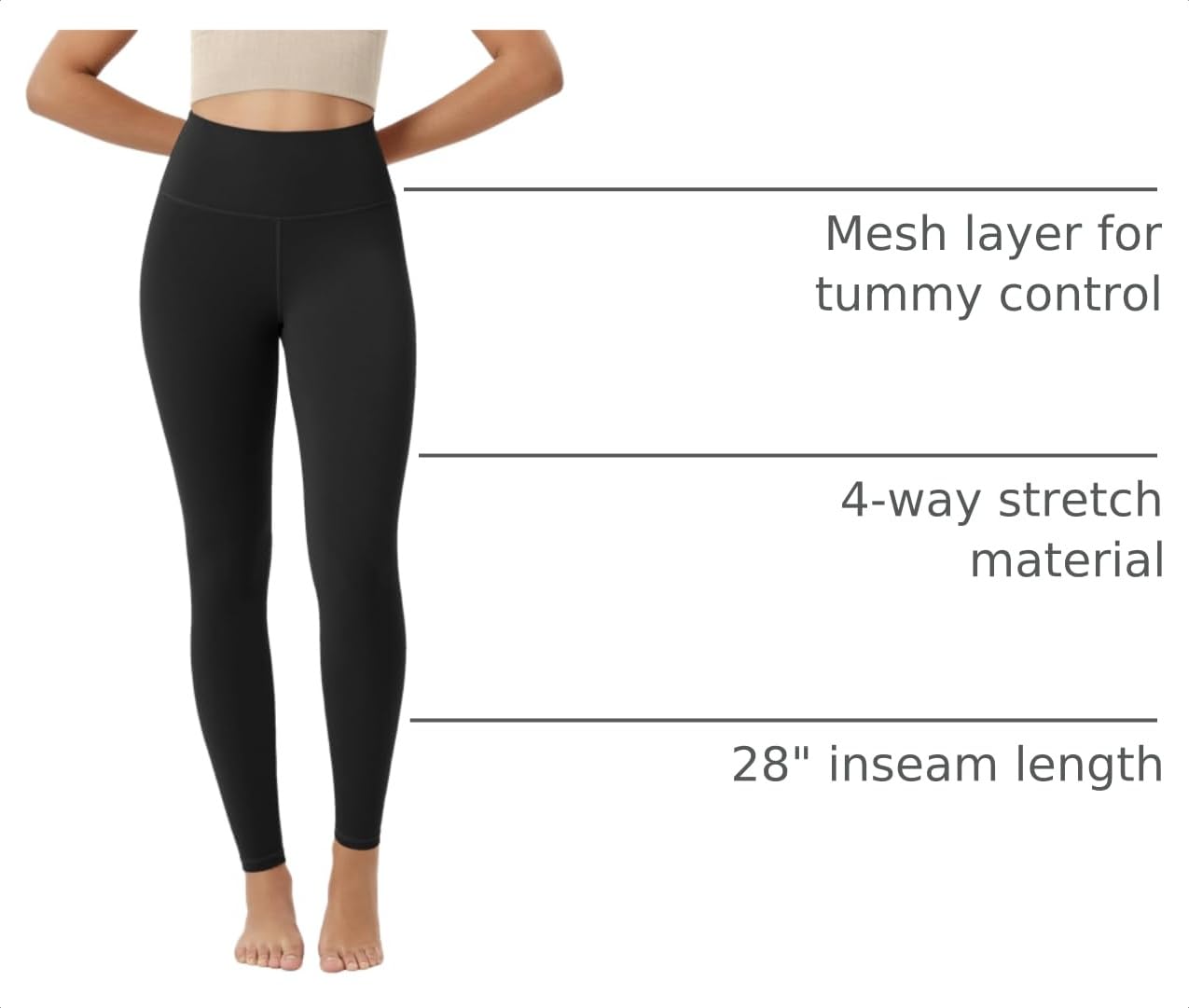 ODODOS Tummy Control Full Length Compression Leggings with Inner Pocket for Women, 28" High Waist Workout Running Yoga Pants, Black, Medium