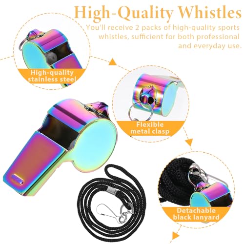Colorful Stainless Steel Whistles with Lanyard - 2 Pack