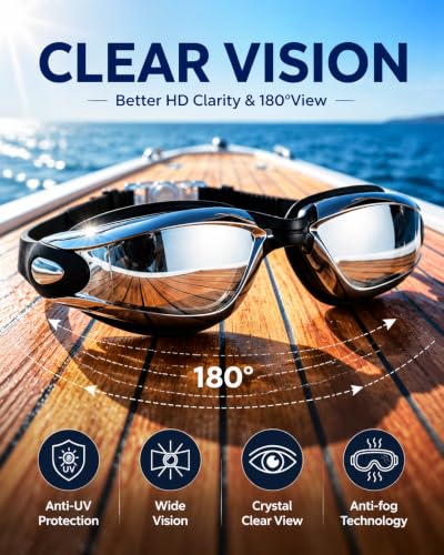 Swim Goggles with Anti-Fog Mirrored Lens and 180° Wide View