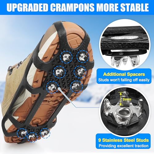 Large Ice Snow Cleats for Shoes and Boots - 9 Point Traction Grippers
