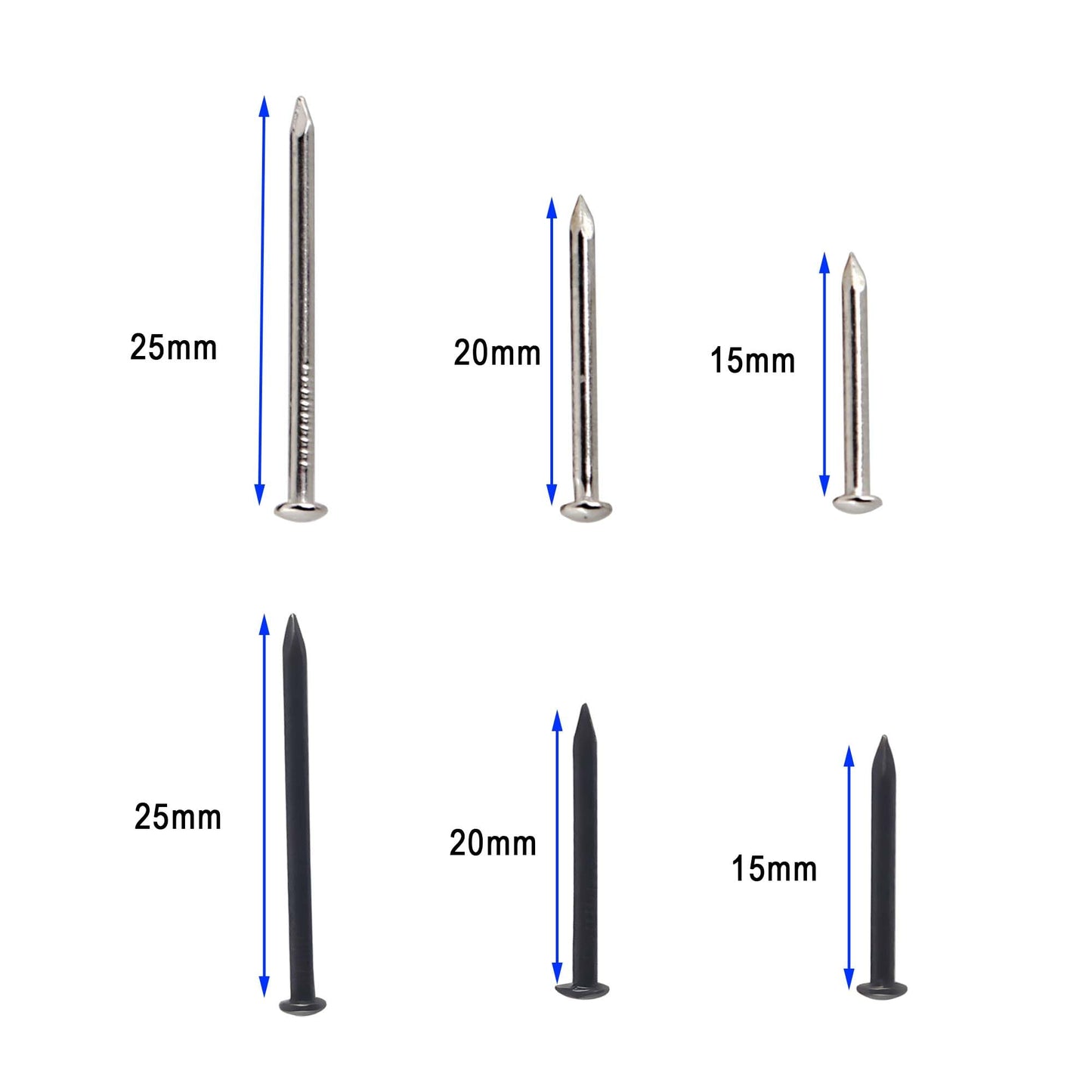 newlng 1160pcs Small Nails Assortment 1.5mm Thick Black & Silver DIY Nails for Wood Tiny Nail for String Art Wood Crafts Jewelry Box Decorations 1.5 x15mm 1.5 x 20mm 1.5x25mm