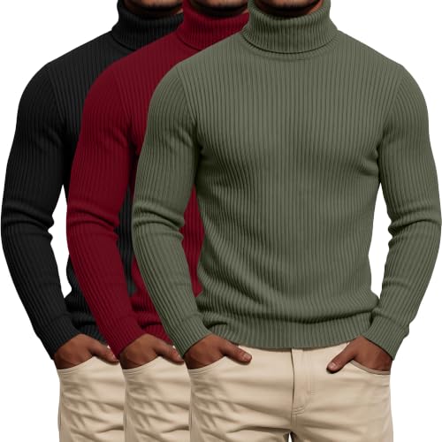 3 Pack Men's Mock Turtleneck Long Sleeve Ribbed Shirts – Locoowai, X-Large, Matcha Green / Wine Red / Black
