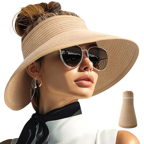 Wide Brim Straw Sun Visor Hat for Women - Classic Khaki