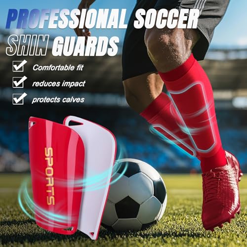 XZQTIVE Soccer Shin Guards Set with Sleeves and Socks, Kid/Youth M Red