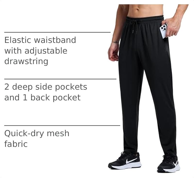 Men's Lightweight Joggers - Quick Dry Athletic Sweatpants with Pockets - Black, XX-Large