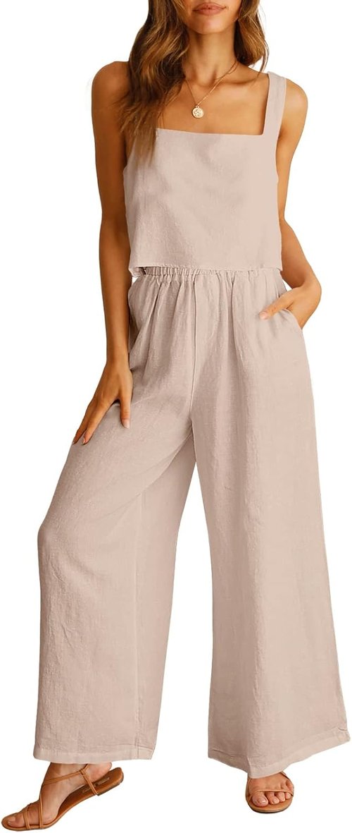 ANRABESS Women's Linen Jumpsuit & Pants Set - Casual Summer Lounge Outfit for Beach Vacations