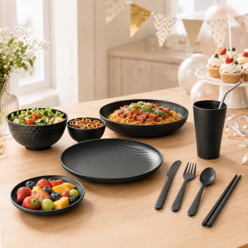 Teivio 96-Piece Wheat Straw Dinnerware Set for 8 - Flatware Light Black
