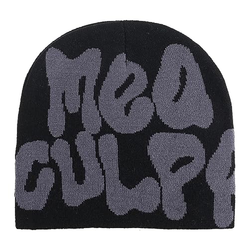 Y2K Knit Beanie Hat - MEA Culpa Graphic - Gray Blue & Black Gray