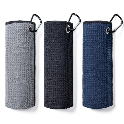 Golf Towels 3 Pack - Microfiber with Carabiner Clip, Navy Blue/Black/Gray