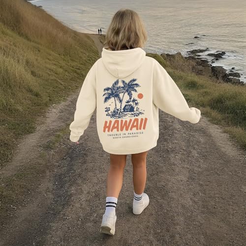 Hawaii Hoodie for Girls - Apricot, 5-6 Years, Aesthetic Pullover