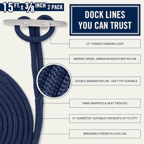 RainierSupplyCo 15ft Navy Blue Double Braided Nylon Dock Lines 2 Pack for Boat Mooring