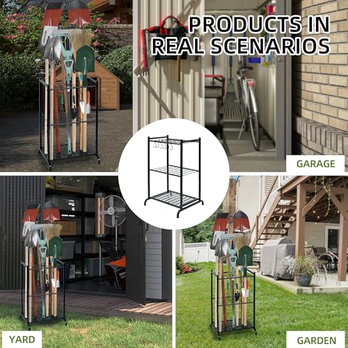 Garden Tool Organizer with Storage Hooks, Yard Tool Tower Rack for Garage Organization and Storage, Up to 35 Long-Handled Tools, Metal Tool Holder with 6 Hooks, Black