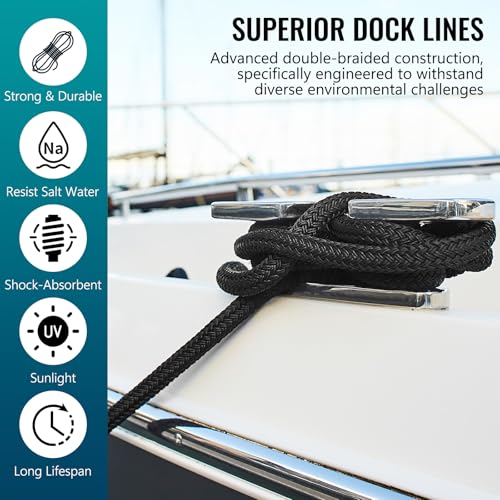 PropelTech 4 Pack 5/8" x 15' Double Braided Nylon Dock Lines for Boats, Black, Heavy Duty