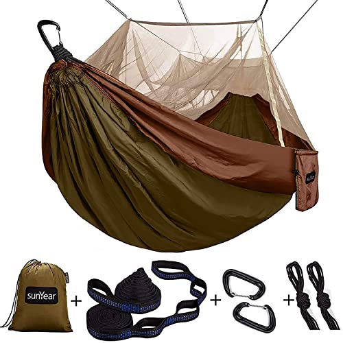 Sunyear Camping Hammock Single/Double with Net, 2 Pack 10ft Straps, 500 lb Capacity, 55x106 / 78x118