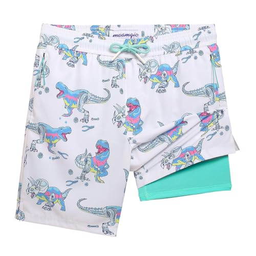 Boys Swim Trunks with Compression Liner - White Dinosaur, 14-16 Years