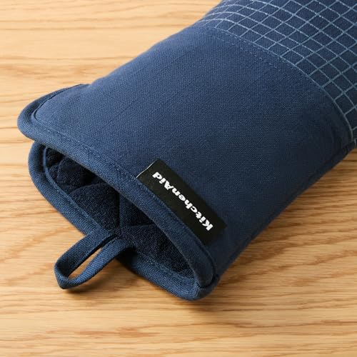 KITCHENAID Gourmet Series Gridlines Oven Mitts 2-Pack Set, Heat Resistant up to 600¡ÆF, Soft Silicone Grip, Magnetic Cuff, Ink Blue, 7"x14"