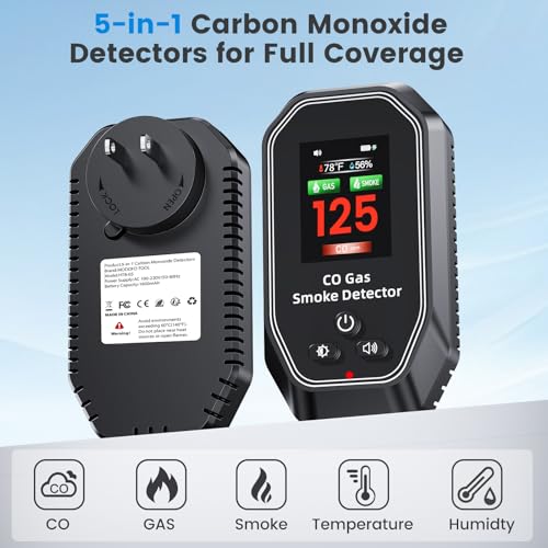 5-in-1 Portable Carbon Monoxide Detectors Plug in, MODOFO TOOL Smoke and Carbon Monoxide Detector with Built-in Battery, Natural Gas Leak Detector, HD Display for CO, Gas, Smoke, Temp, Humidity Black
