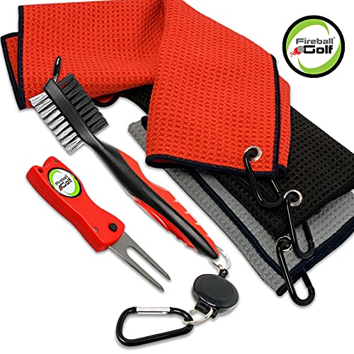 Fireball Golf Towel Gifts Set - Red, 3 Microfiber Towels & Accessories for Men, Women, Kids