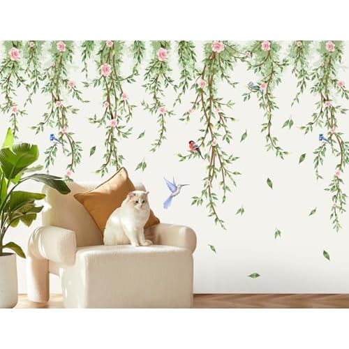 Hanging Vine Wall Decals Removable Birds Green Leaf Wall Stickers Peel and Stick Plants Home Art Decor for Kids Girls Teens Nursery Bedroom Living Room Sofa TV Background Wall