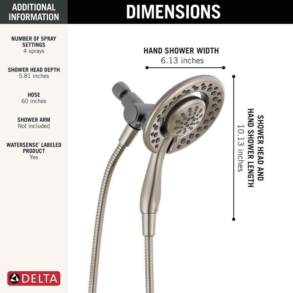 Delta 4-Setting In2ition 2-in-1 Dual Shower Head with HandHeld Spray, Brushed Nickel Detachable Shower Head with Hose, Showerhead, 1.75 GPM Flow Rate, SpotShield Nickel 75486CSN