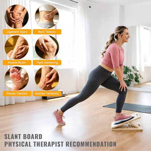 Large 3-in-1 Wooden Slant Board for Calf Stretching & Balance Exercises - Helntova