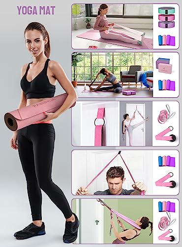 Thick Yoga Mat Set - 8mm High Density with Strap, Blocks & Bands - Purple & Pink