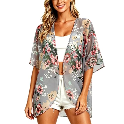 Women's Bohemian Floral Chiffon Cardigan Cover Up - Dark Grey, Large