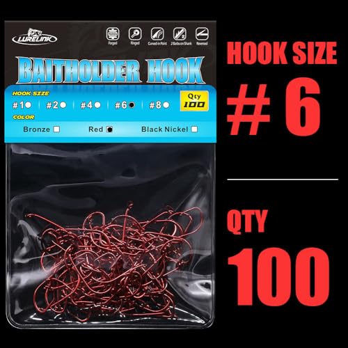 Baitholder Fishing Hooks 100 Pack - Double-Barbed Long Shank Red Size 6