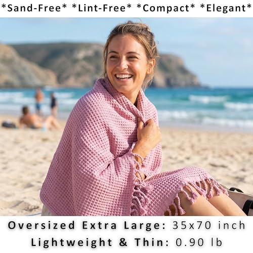 Light Pink Turkish Cotton Beach Towels Set of 2 - Luxury Waffle Weave, Oversized 35x70 Inches