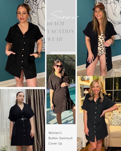 Bsubseach Women's Hooded Beach Cover Up Shirt Dress with Pockets - Large, Black