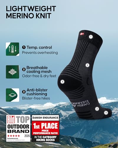 Danish Endurance Merino Wool Socks for Men & Women - Lightweight Hiking Crew Socks