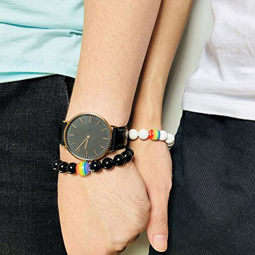 Rainbow LGBT Pride Bracelet - Titanium Stainless Steel & White PU Leather