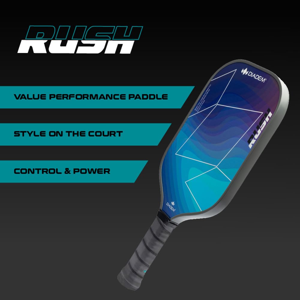 Diadem Rush Pickleball Paddle | USAPA Approved | Lightweight Fiberglass 16mm Paddle with Fiberglass Surface for Spin & Control | Ocean Blue