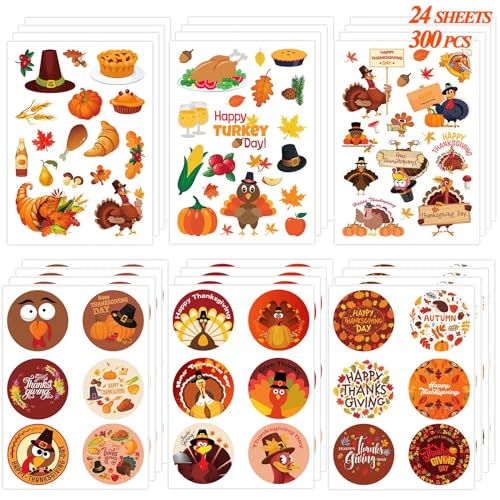 Thanksgiving Turkey Stickers - 300 PCS, 24 Sheets
