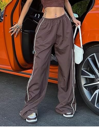 Women's Parachute Pants Wide Leg Baggy Joggers - Y2K Elastic Waist Streetwear - Medium Coffee