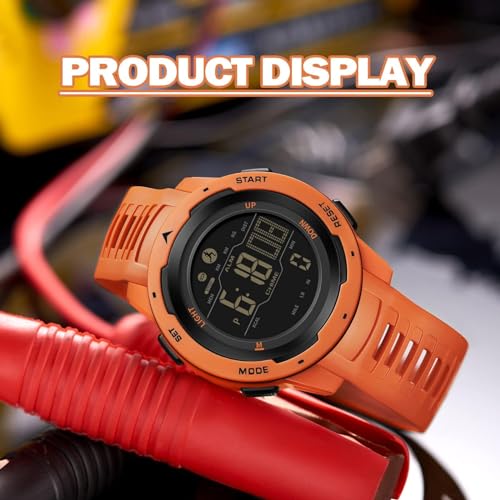 Men's Digital Sports Watch - Waterproof Pedometer with Stopwatch & Alarm - Orange
