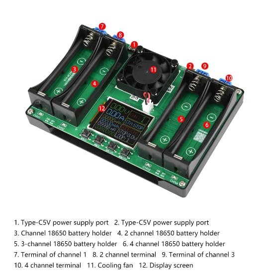 DWEII 1pcs 18650 Lithium Battery Capacity Tester Module MAh MWh Digital Battery Power Detector Module 18650 Tester Type-C (4 Channel)