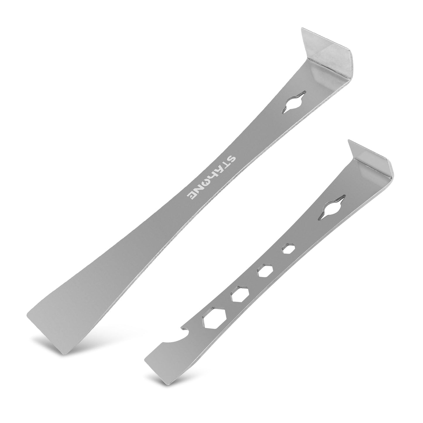 STAHONE 2-Piece Stainless Steel Pry Bar Scraper Set - 9-1/2" Flat Pry Bar and 6-11/16" Mini Crowbar with Socket Wrench, Bottle Opener, Molding, Nail Puller, Scraper and Baseboard Removal Tool