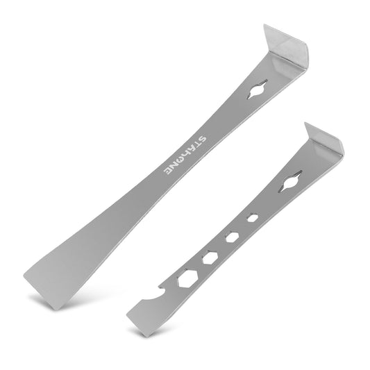 STAHONE 2-Piece Stainless Steel Pry Bar Scraper Set - 9-1/2" Flat Pry Bar and 6-11/16" Mini Crowbar with Socket Wrench, Bottle Opener, Molding, Nail Puller, Scraper and Baseboard Removal Tool