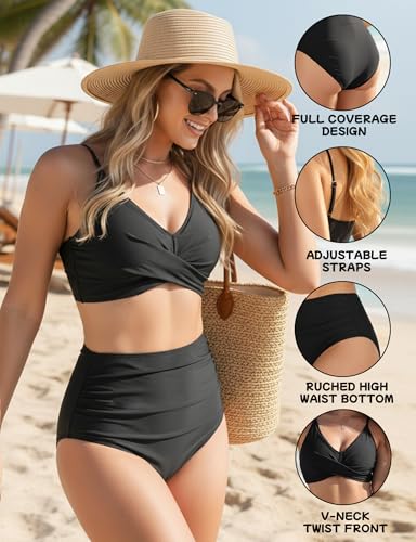 High Waisted Bikini Set - Women's Twist Front V Neck, Large, Black