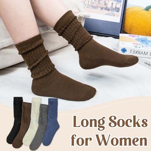 Justay 5 Pairs Slouchy Crew Socks for Women - Long Scrunch Boot Socks in Black, Dark Grey, Beige, Blue, Coffee