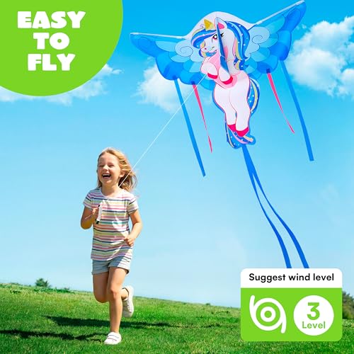 Blue Unicorn Kite - Large Easy Fly Beach Kite for Kids & Adults
