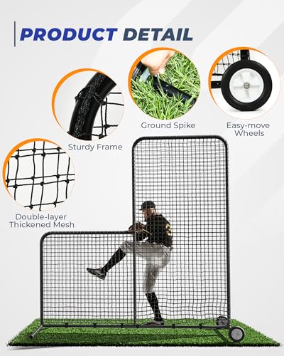 7x7ft Baseball L Screen with Wheels - Pitcher Protector Net