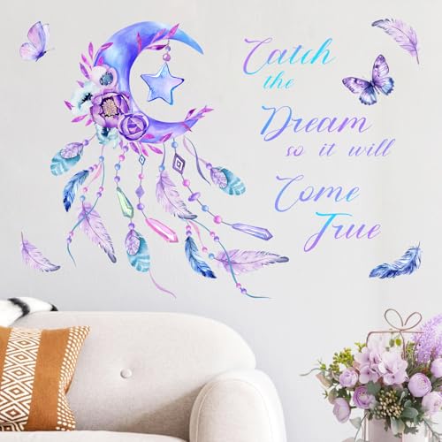 Yovkky Catch The Dream Purple Moon Wall Decals Stickers, Inspirational Dreamcatcher Feathers Flower Butterfly Nursery Decor, Boho Positive Quote Home Decorations Girls Kids Bedroom Living Room Art