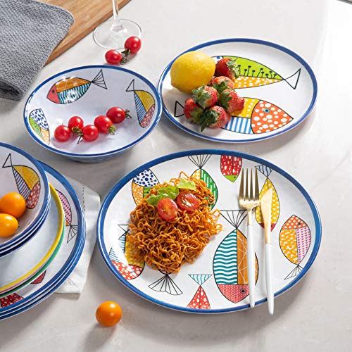 Gofunfun 12-Piece Melamine Dinnerware Set for 4 with Blue Fish Design - Plates & Bowls